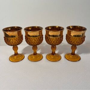 VINTAGE Indiana Glass Diamond Point amber water goblets, diamond & gold-band rim